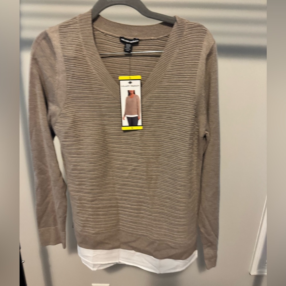 Hilary Radley Tan V-Neck Sweater with Layered Look